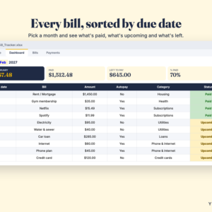 Bill Tracker Spreadsheet – Monthly Bill Payment Checklist & Calendar