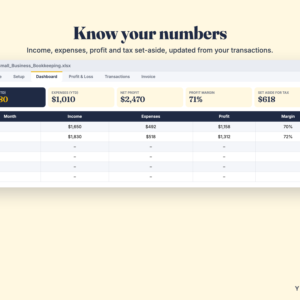 Small Business Bookkeeping Spreadsheet – Income, Expenses & Invoice