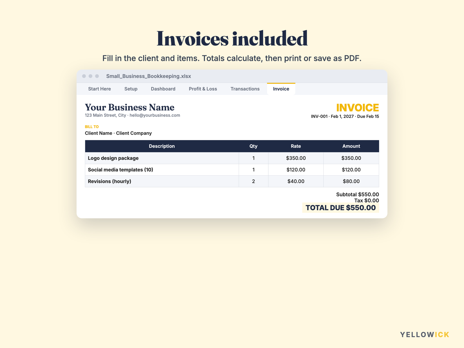 Small Business Bookkeeping Spreadsheet – Income, Expenses & Invoice