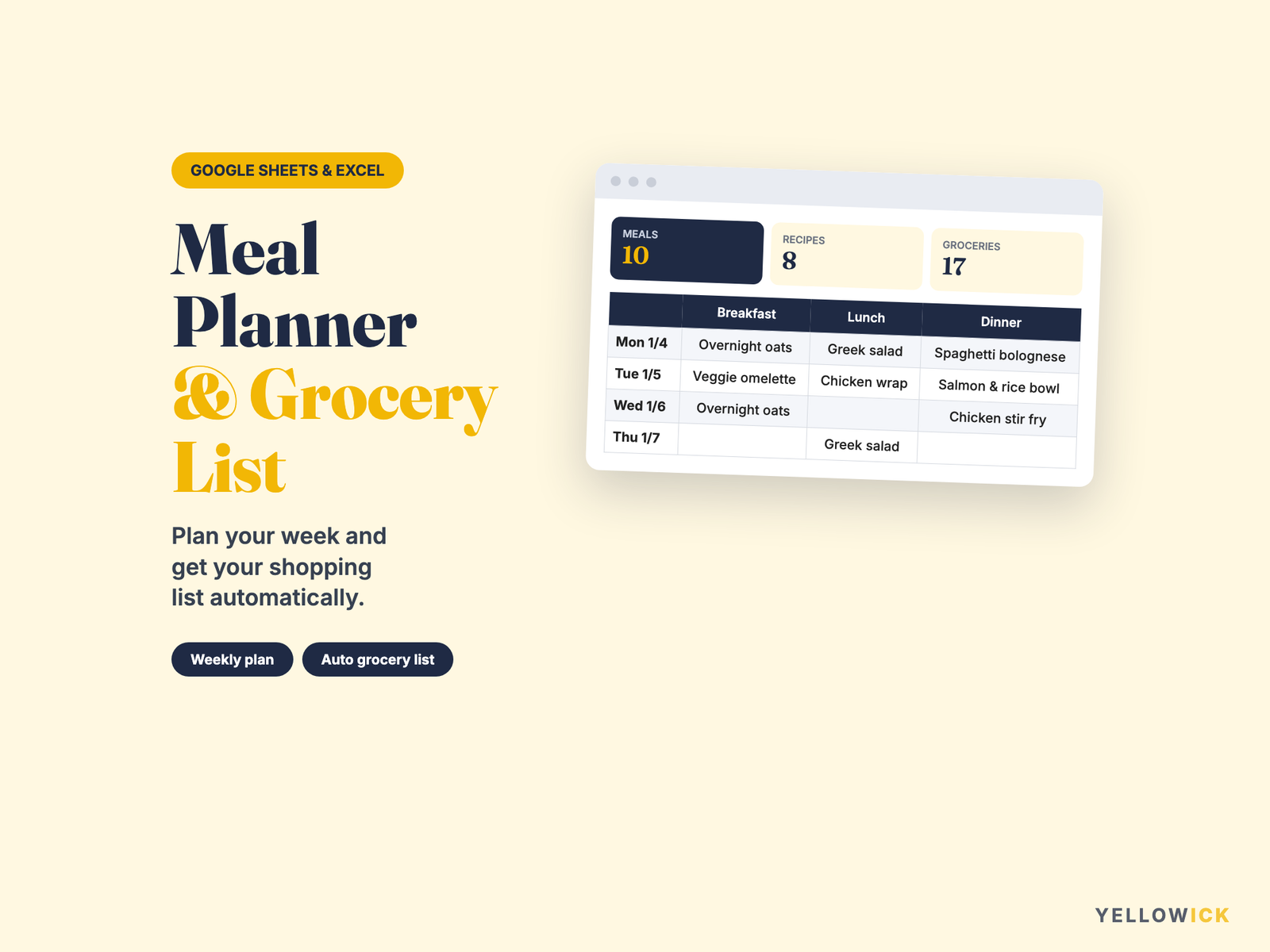 Meal Planner & Grocery List Spreadsheet – Weekly Meal Plan