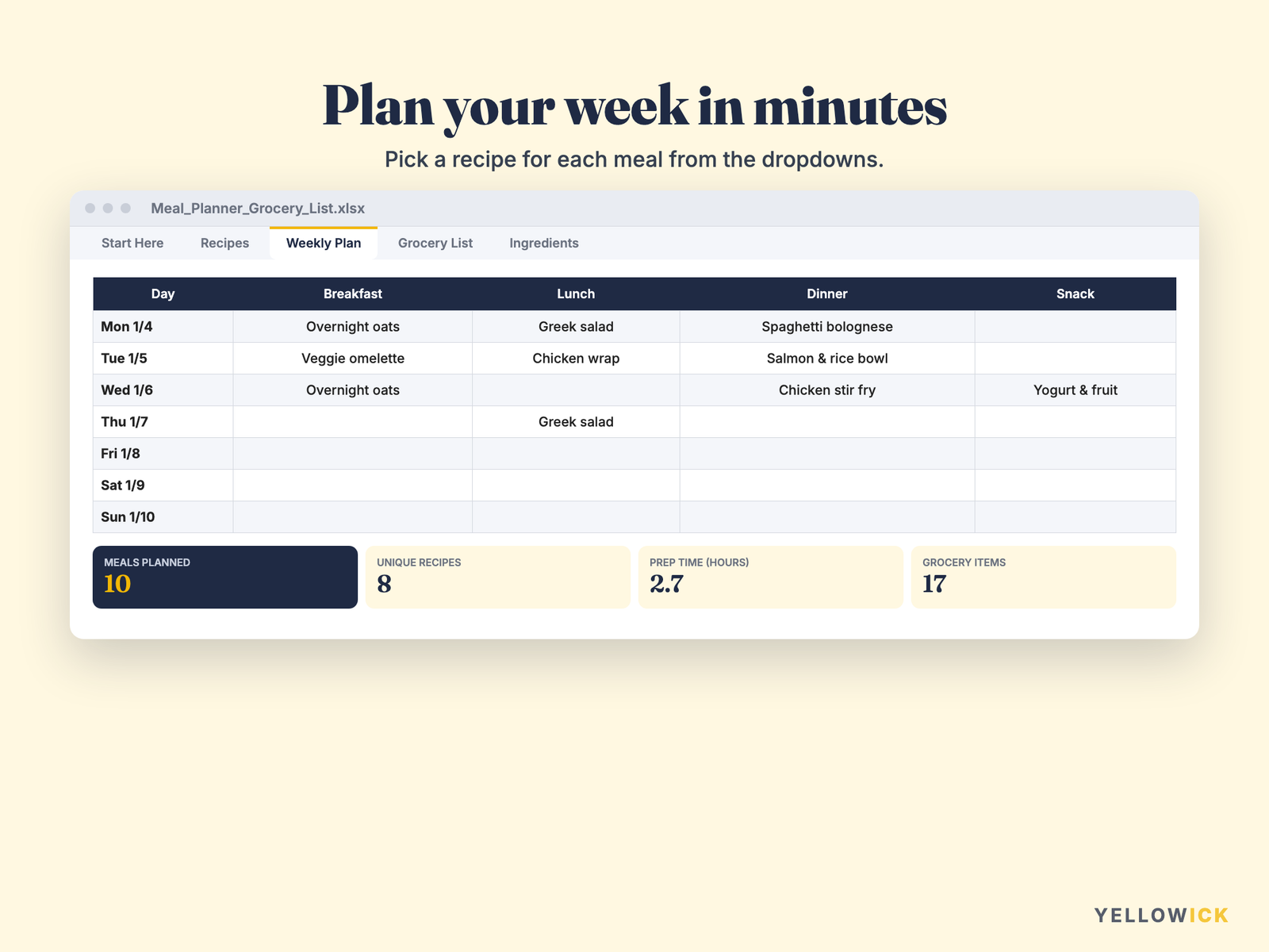 Meal Planner & Grocery List Spreadsheet – Weekly Meal Plan
