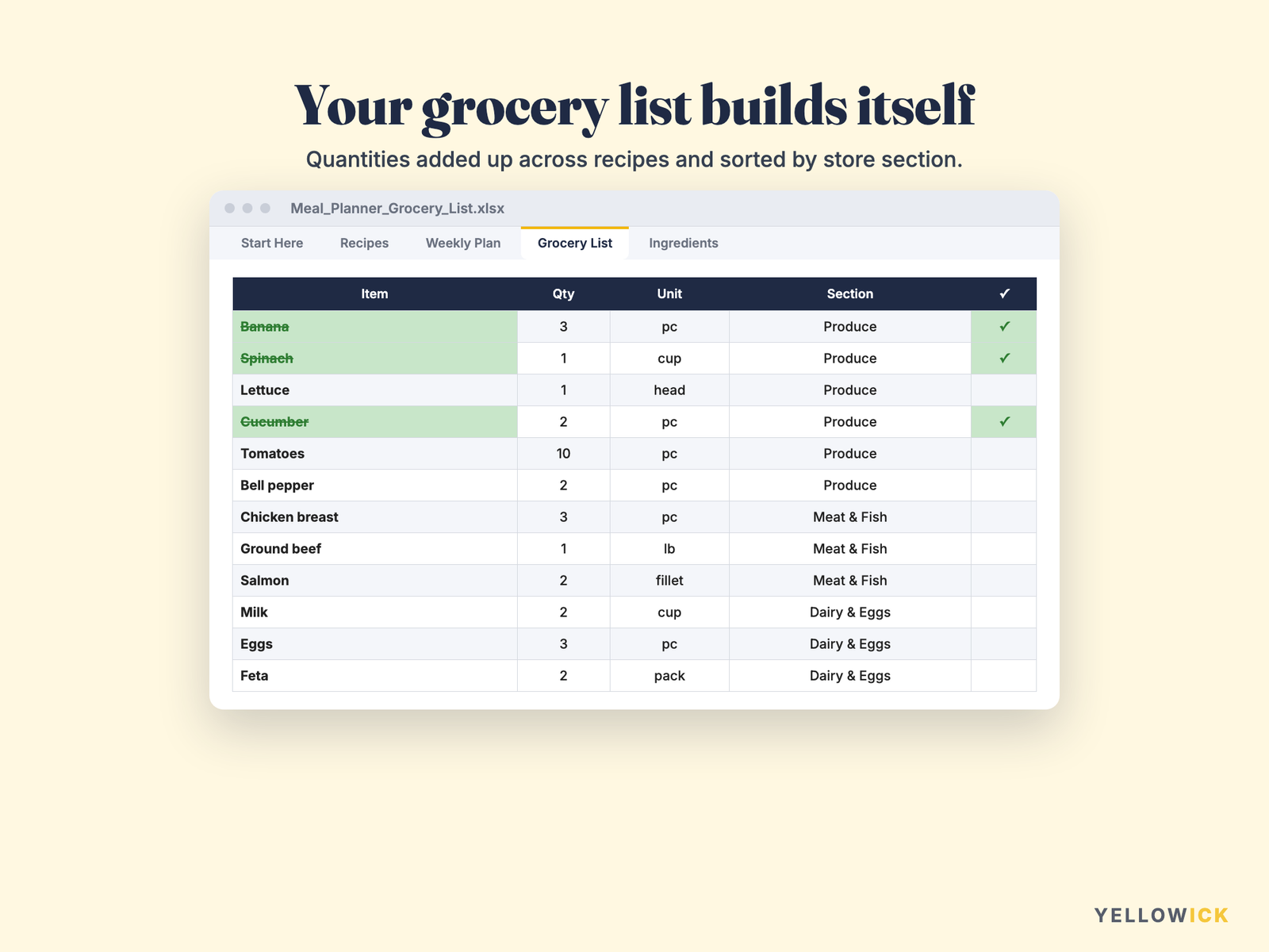 Meal Planner & Grocery List Spreadsheet – Weekly Meal Plan