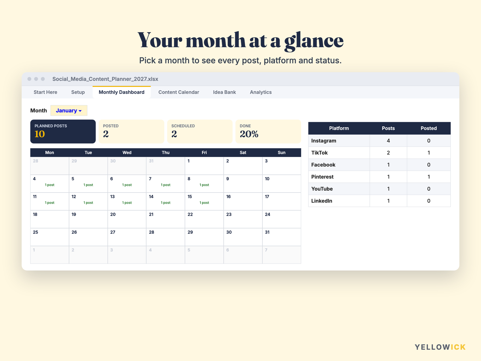 Social Media Content Planner 2027 – Content Calendar Spreadsheet