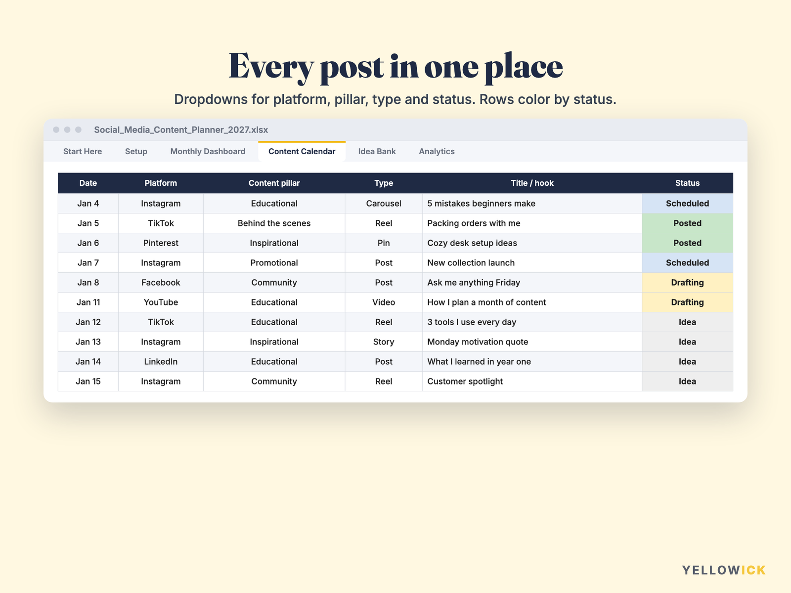 Social Media Content Planner 2027 – Content Calendar Spreadsheet