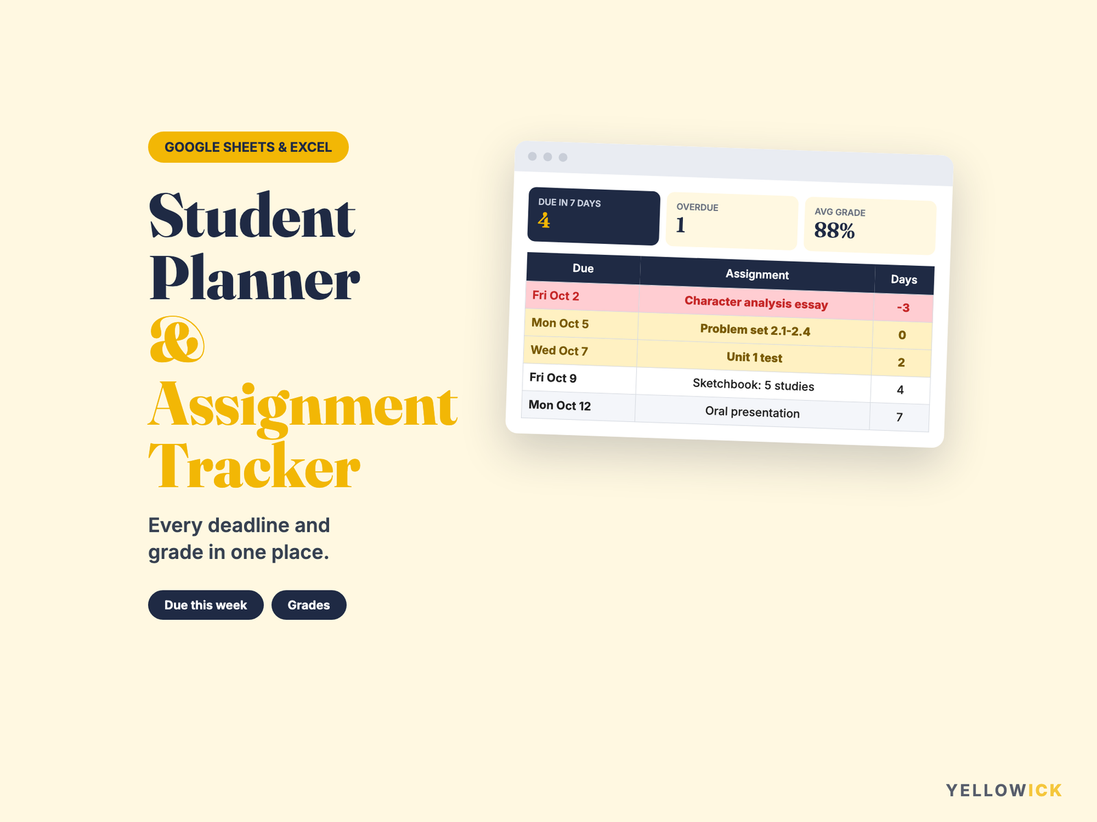 Student Planner Spreadsheet – Assignment Tracker & Homework Planner