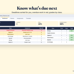 Student Planner Spreadsheet – Assignment Tracker & Homework Planner