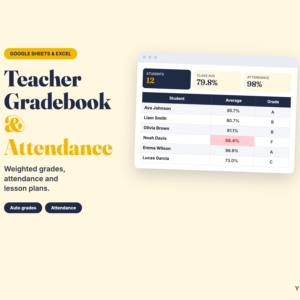 Teacher Gradebook Spreadsheet – Attendance Tracker & Lesson Planner