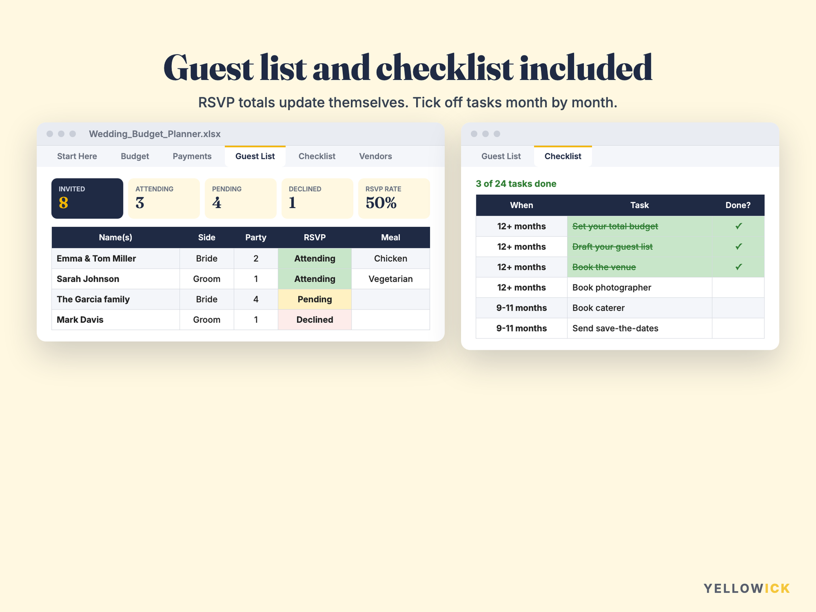 Wedding Budget Planner Spreadsheet – Guest List, Checklist & Vendors